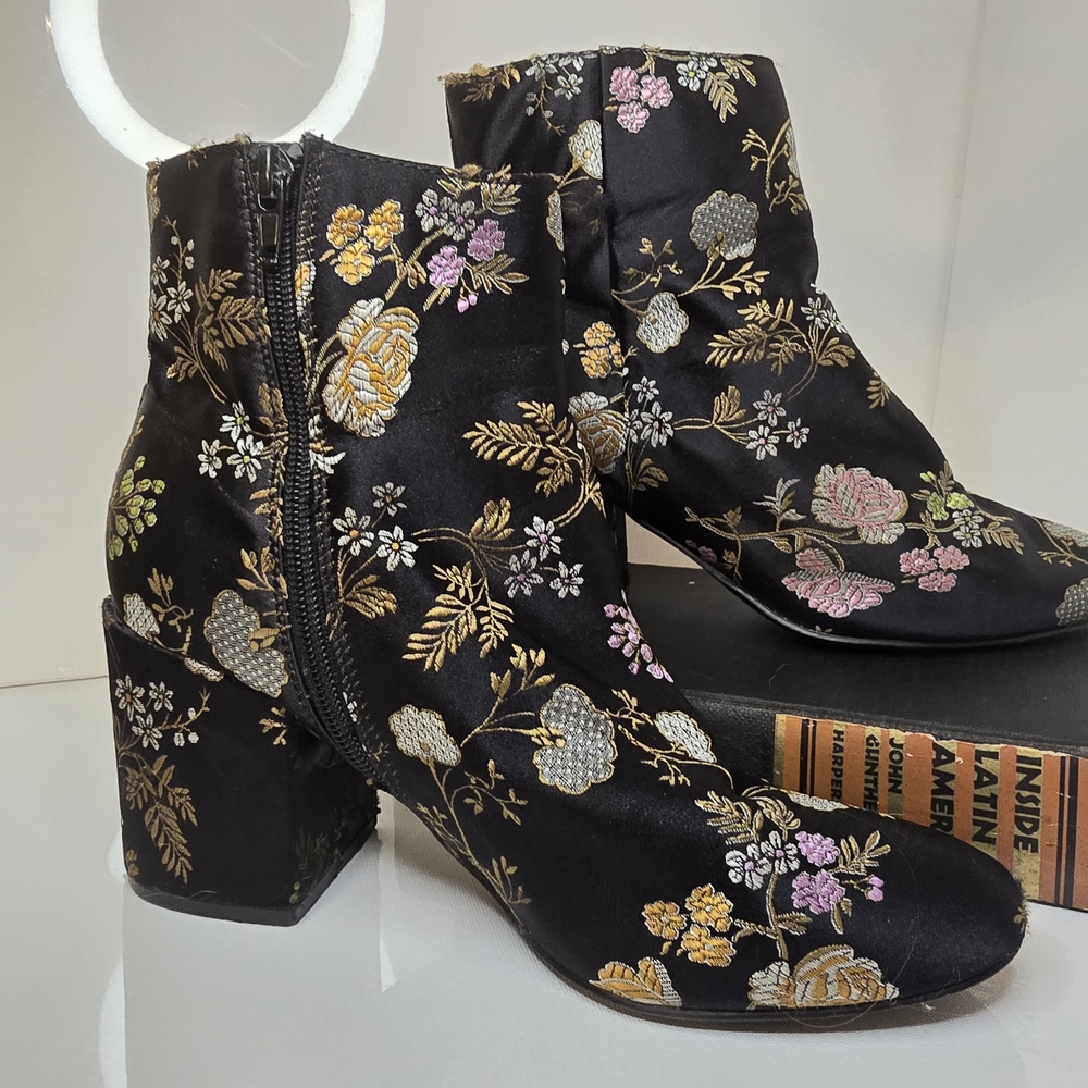 Grace Black and Gold Floral Ankle Boots